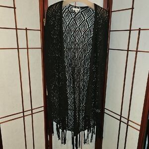 Maurices Sleeveless Black Crochet Fringe Kimono Cardigan